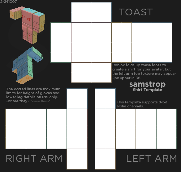 Roblox shirt template 585x559 with labelled torso and arm panels