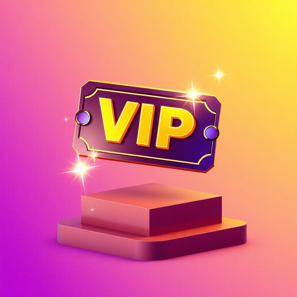 Glowing golden VIP gamepass ticket floating above a stylized platform on a purple-to-yellow gradient background